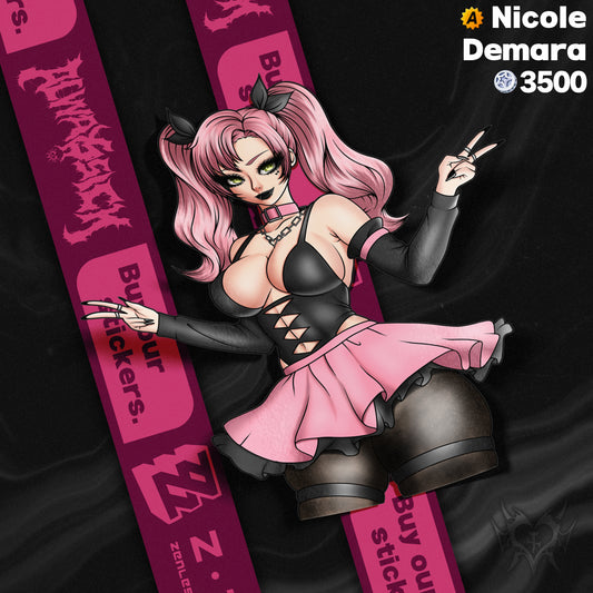 goth anime sticker of nicole demara from zenless zone zero in black and pink dress skirt with chains