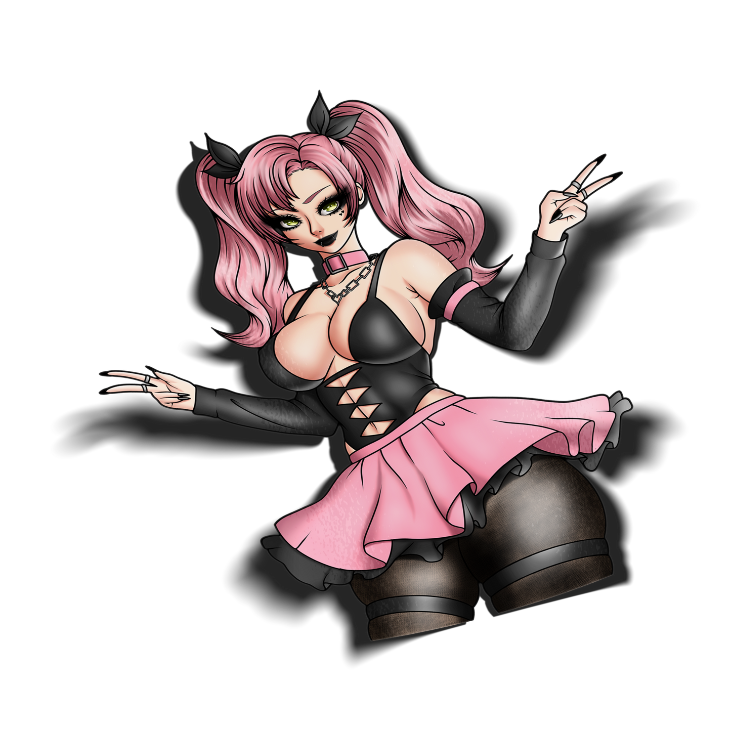 goth anime sticker of nicole demara from zenless zone zero in black and pink dress skirt with chains, transparent