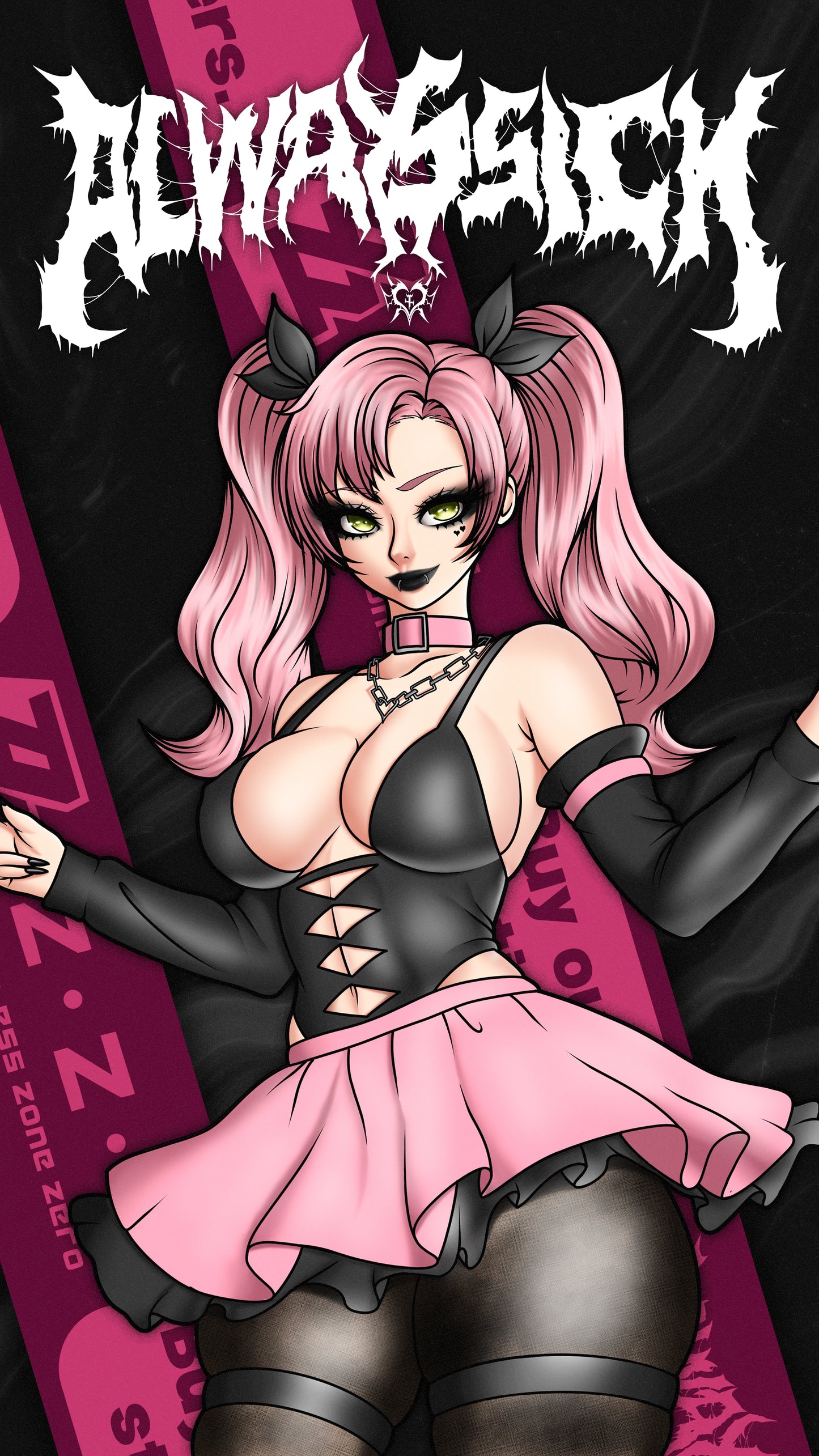 goth anime sticker of nicole demara from zenless zone zero in black and pink dress skirt with chains, phone wallpaper