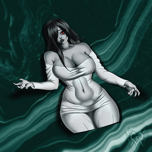 anime sticker of sadako yamamura from the ring in a ghostly white dress