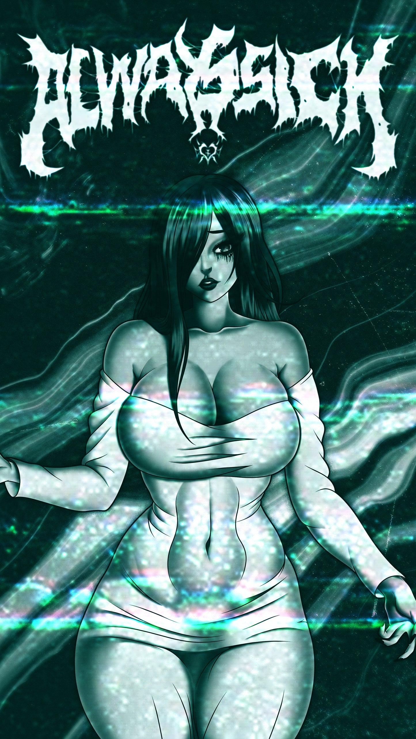 anime sticker of sadako yamamura from the ring in a ghostly white dress, phone wallpaper