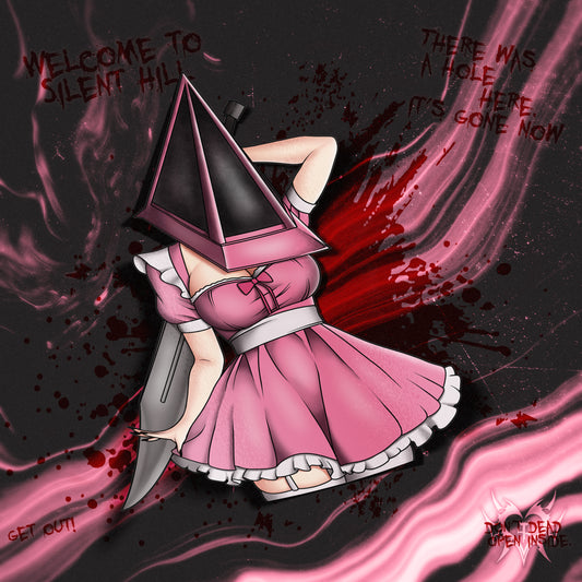 anime sticker of a female pyramid head from silent hill in cute pink maid outfit