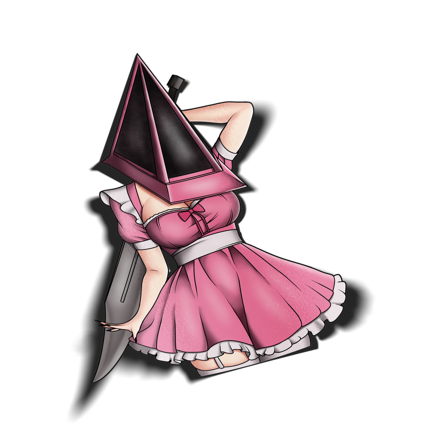 anime sticker of a female pyramid head from silent hill in cute pink maid outfit, transparent