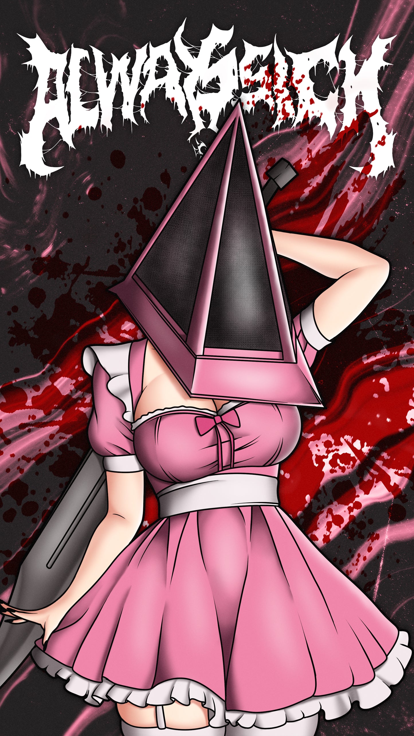 anime sticker of a female pyramid head from silent hill in cute pink maid outfit, phone wallpaper