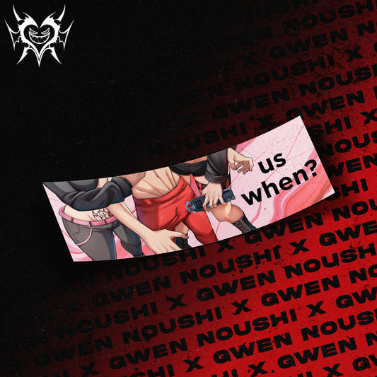 anime bumper sticker of original characters noushi from always sick and gwen from kiloxco tasing a guys balls in goth outfits that says us when