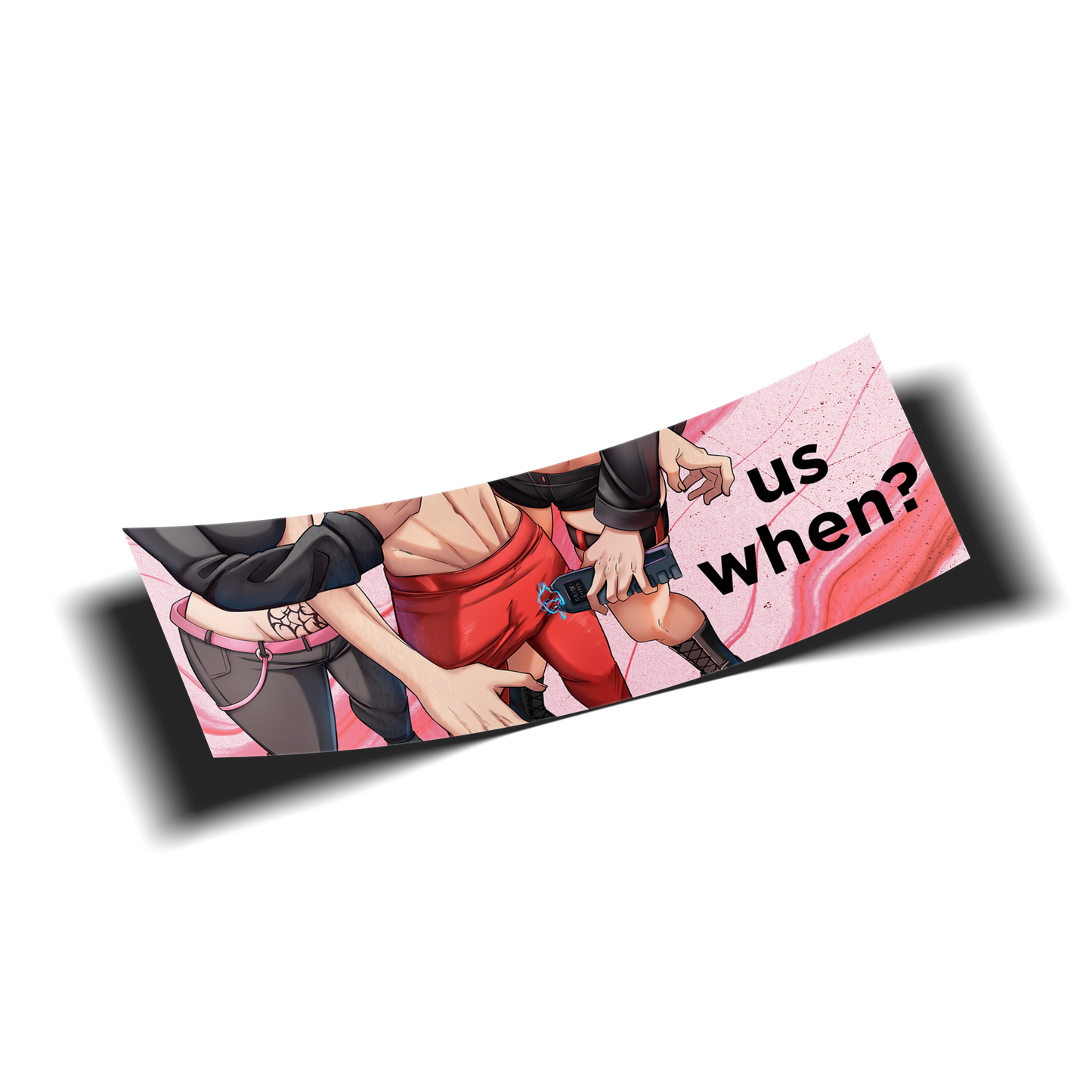 anime bumper sticker of original characters noushi from always sick and gwen from kiloxco tasing a guys balls in goth outfits that says us when, transparent