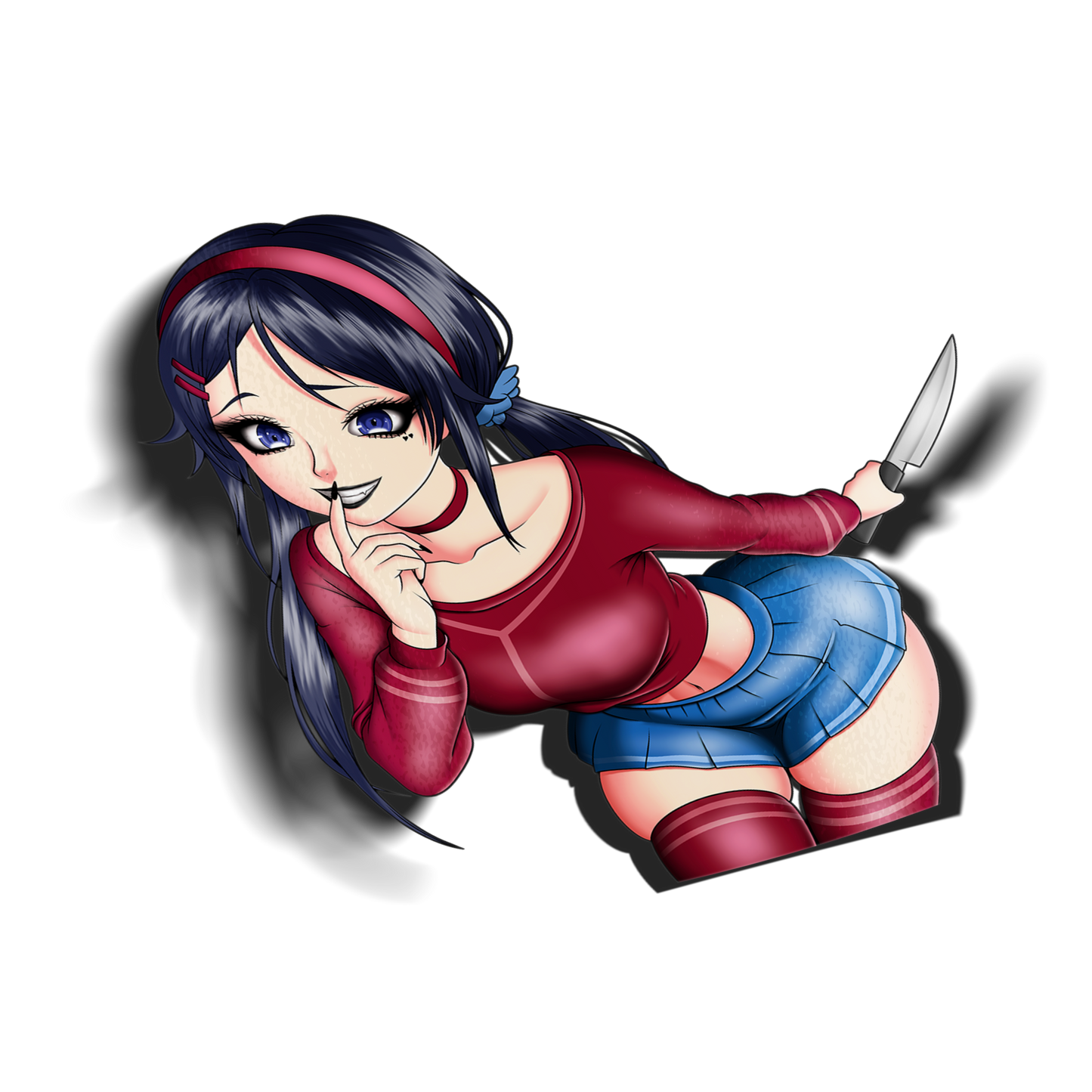 anime sticker of mita from miside holding a knife, transparent