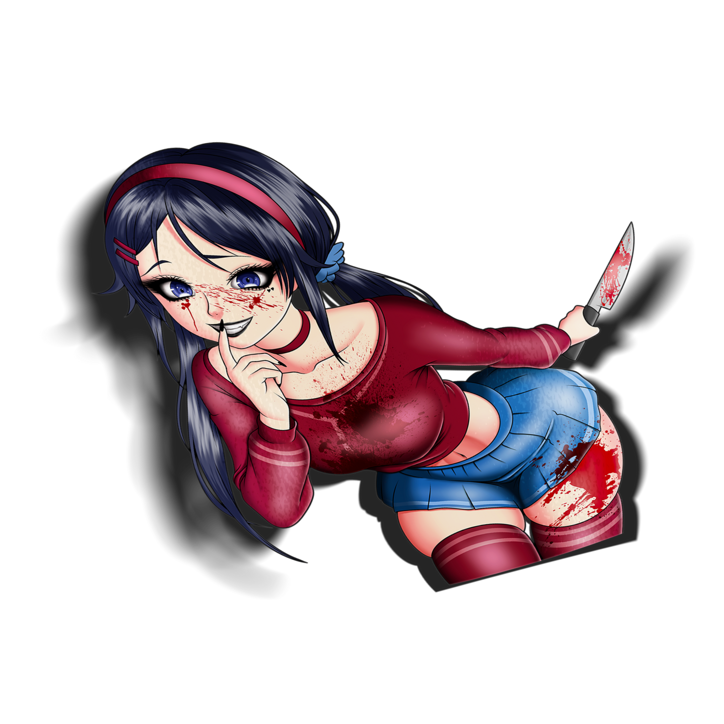 anime sticker of mita from miside holding a knife covered in blood, transparent