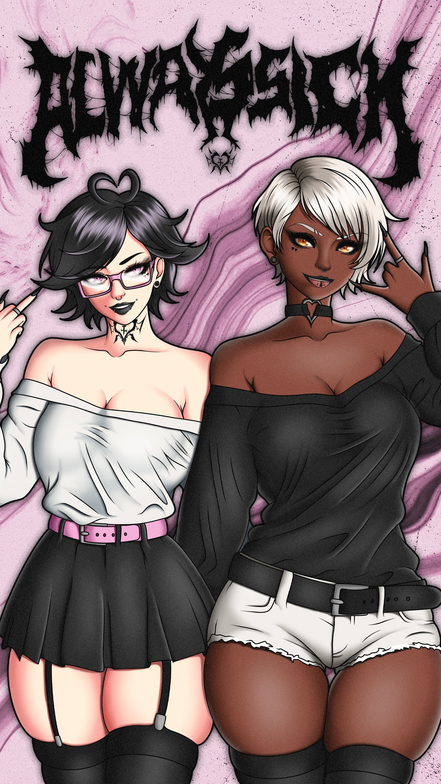 anime stickers of original characters noushi and chihime from always sick posing in goth outfits, phone wallpaper