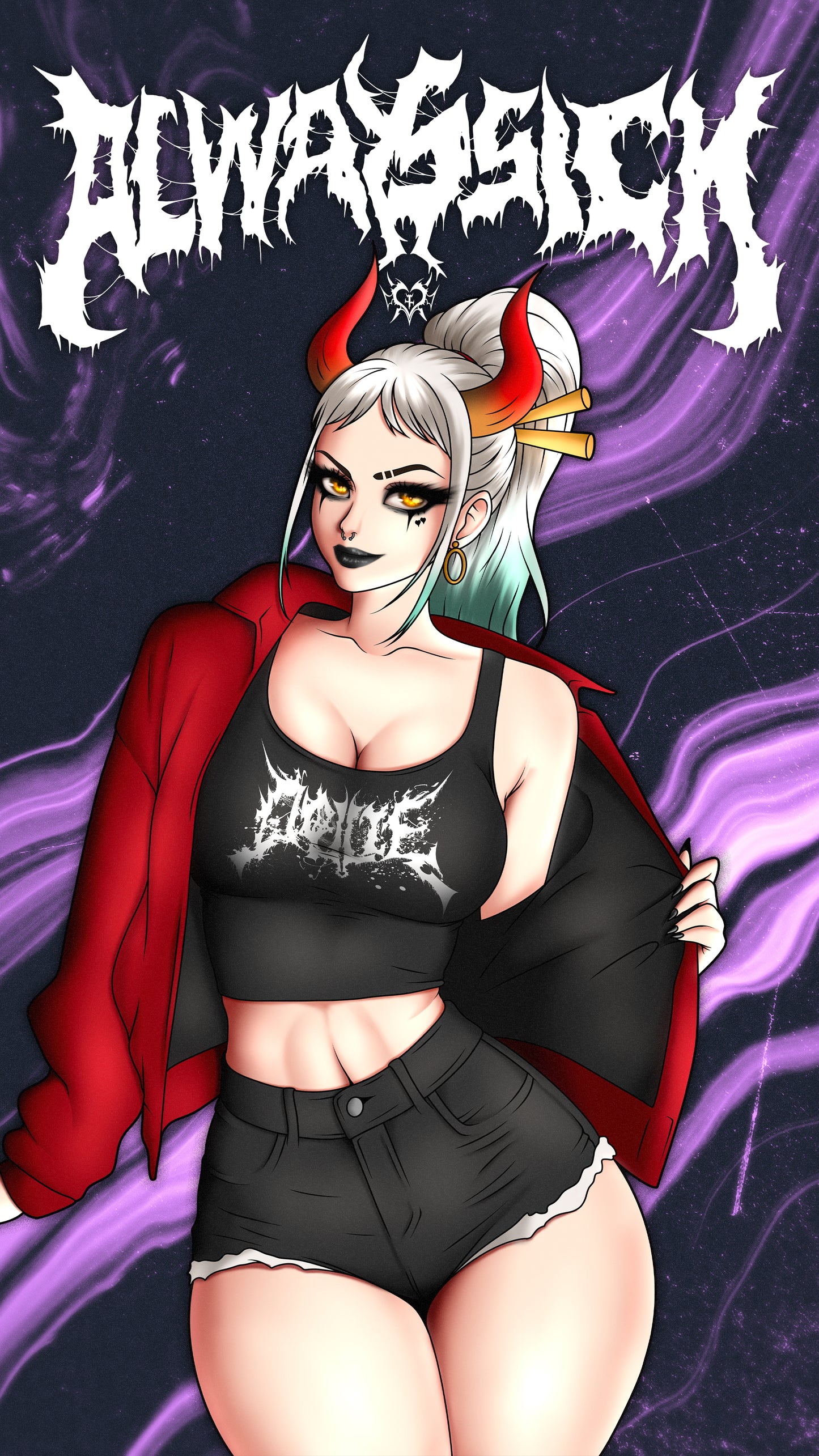 anime sticker of yamato from one piece in a goth outfit, wallpaper