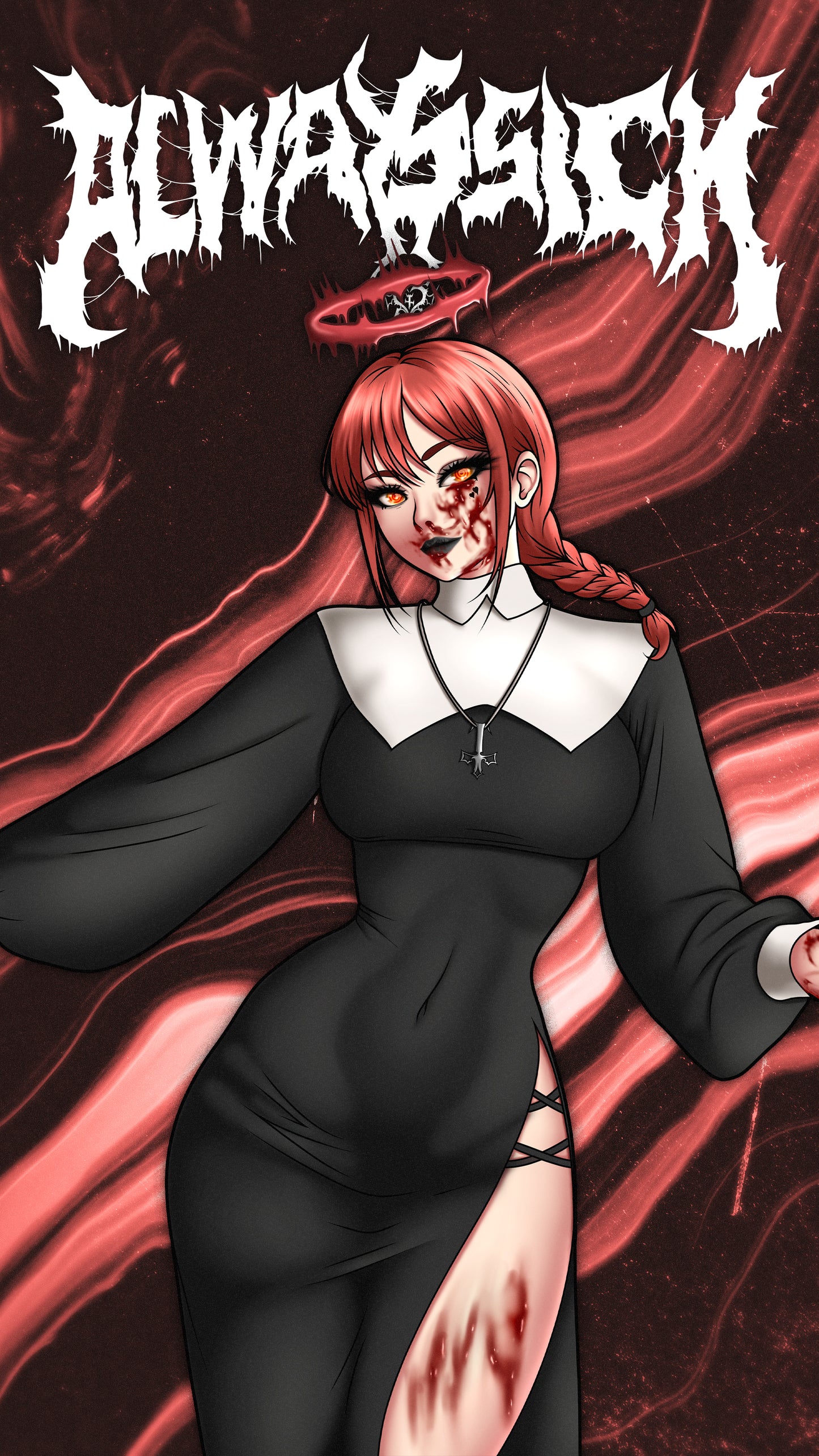 anime sticker of a bloodied makima from chainsaw man csm wearing a nun outfit, wallpaper