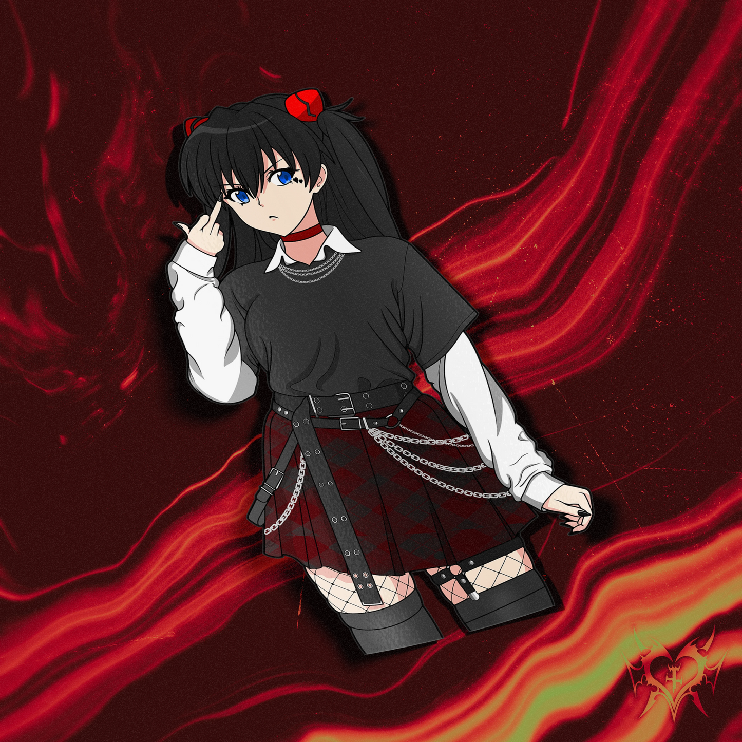 Goth Asuka Langley kiss-cut anime sticker on red fire store background, flipping the bird, goth alt outfit with chains and fishnet tights, Always Sick original Neon Genesis Evangelion design.