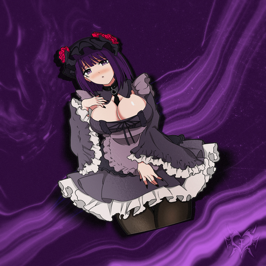 Shizuku-tan Marin Kitagawa kiss-cut anime sticker on purple smoke store background, gothic lolita cosplay with black choker, Always Sick original My Dress-Up Darling design.