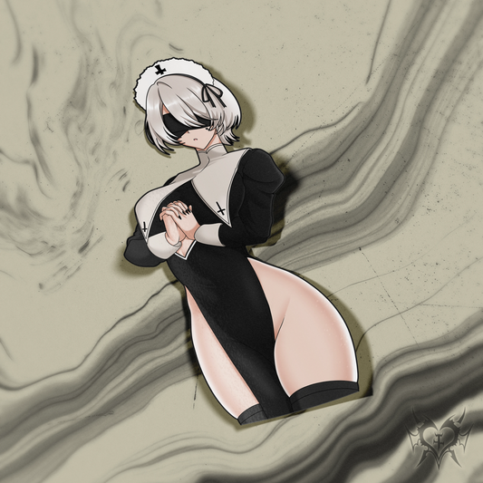 Nun 2B kiss-cut anime sticker on taupe grey smoke store background, gothic nun cosplay with cross details, Always Sick original NieR: Automata design.