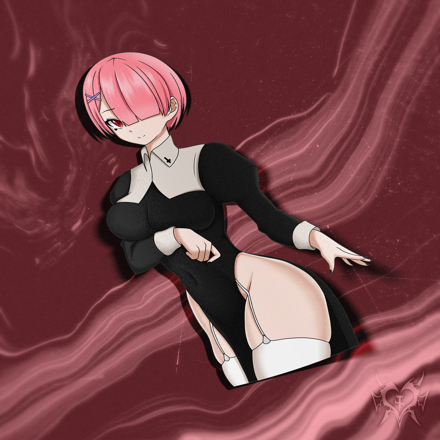 Nun Ram kiss-cut anime sticker on dark crimson smoke store background, gothic nun cosplay with garter straps, Always Sick original Re:Zero design.