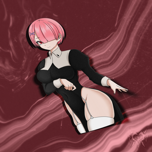 Nun Ram kiss-cut anime sticker on dark crimson smoke store background, gothic nun cosplay with garter straps, Always Sick original Re:Zero design.