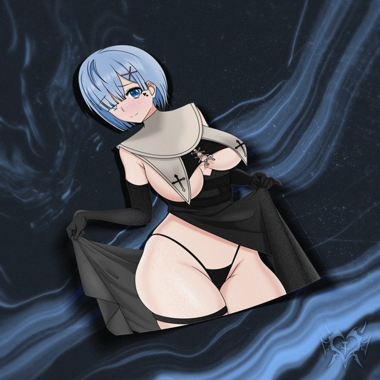 Nun Rem kiss-cut anime sticker on dark navy smoke store background, gothic nun cosplay with cross lace detail, Always Sick original Re:Zero design.