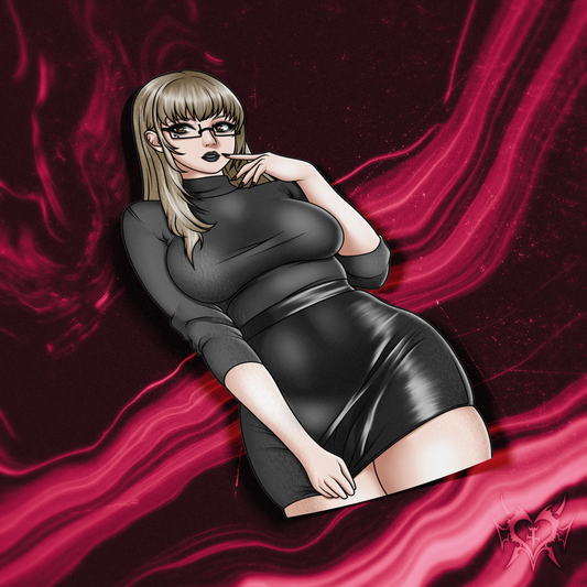 Goth Katherine McBride kiss-cut anime sticker on white store background, black outfit and glasses, Always Sick original Catherine: Full Body design.