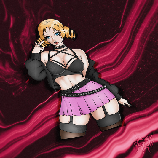 Goth Catherine kiss-cut anime sticker on white store background, black harness bra and pink skirt with gold drill hair, Always Sick original Catherine: Full Body design.