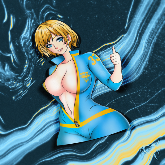 Vault Girl kiss-cut anime sticker on white store background, blue and yellow Fallout Vault-Tec jumpsuit, Always Sick original Fallout fan art.