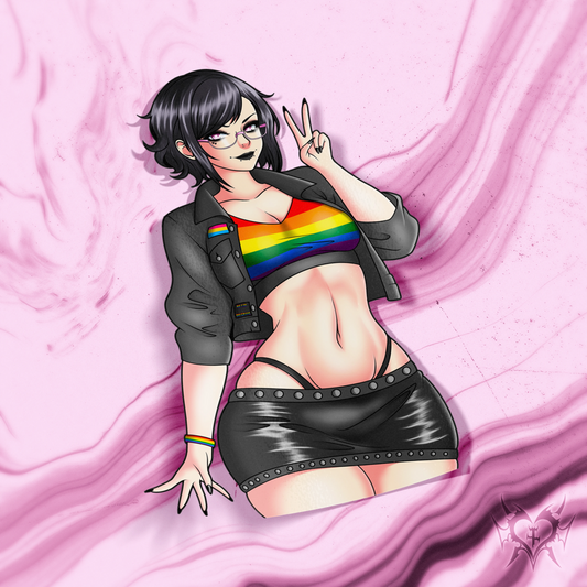 Pride Noushi kiss-cut vinyl sticker on transparent background, an Always Sick original character in pansexual pride flag colors.