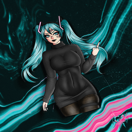 Goth Hatsune Miku kiss-cut anime sticker on a teal abstract background.