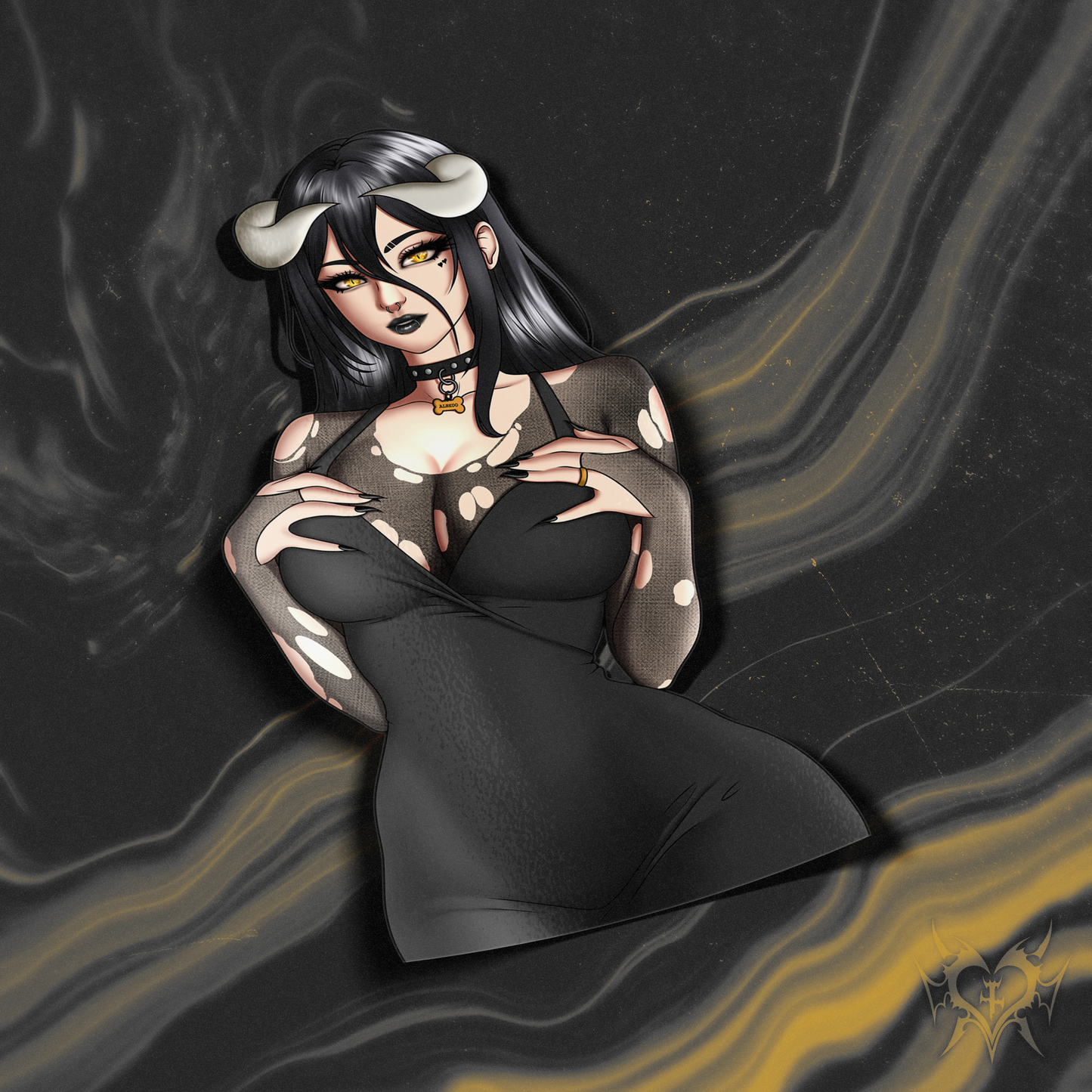Goth Albedo kiss-cut sticker shown on a black and gold smoky Always Sick branded background