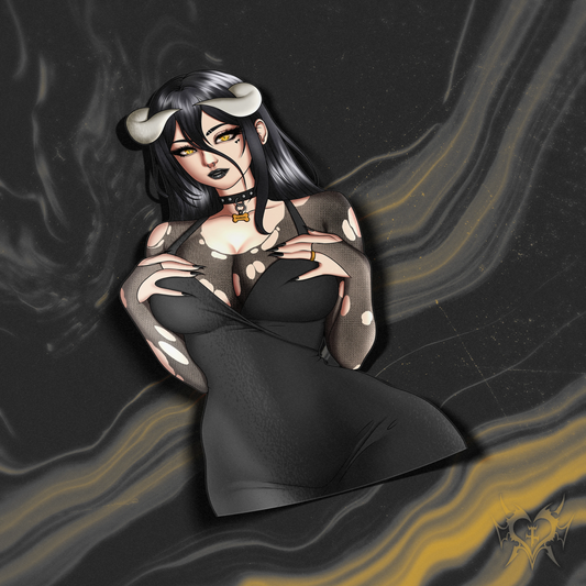 Goth Albedo kiss-cut sticker shown on a black and gold smoky Always Sick branded background