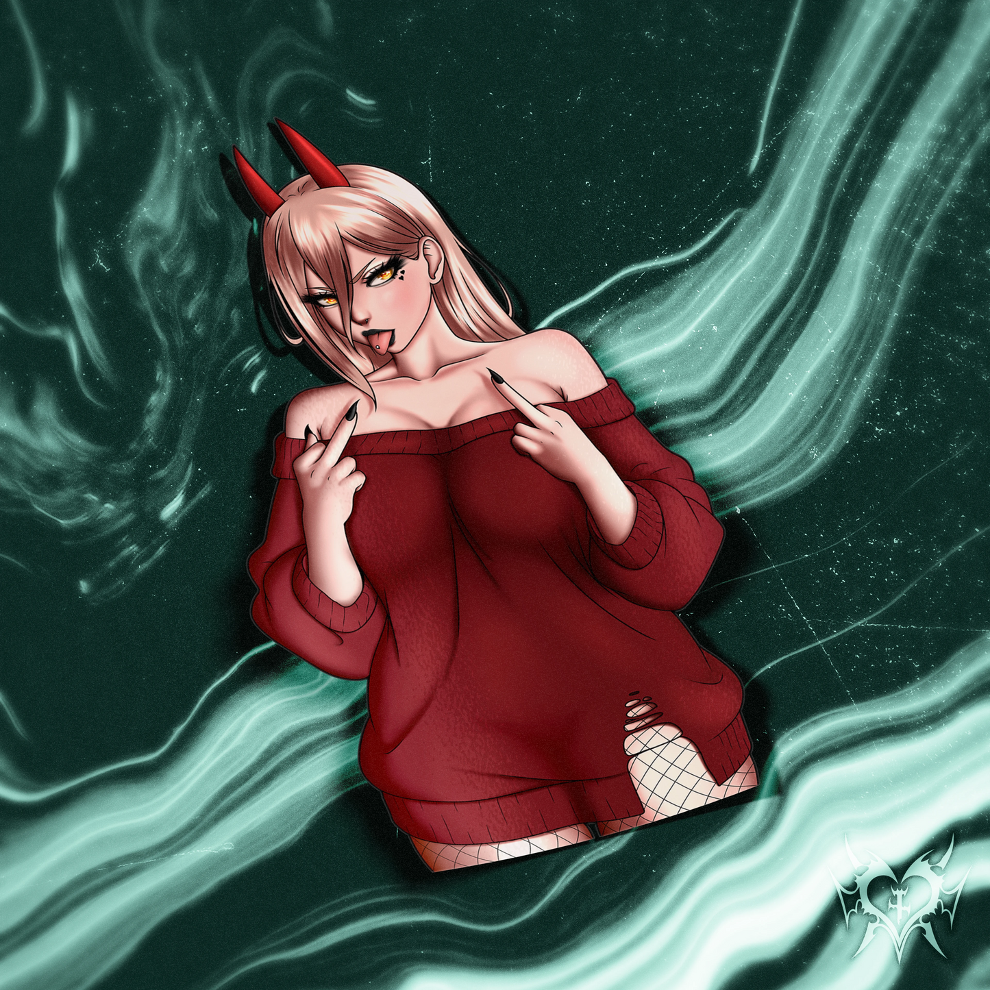 Power kiss-cut sticker on a dark teal smoke background, red devil horns, off-shoulder red sweater, fishnet tights, holding up her middle fingers