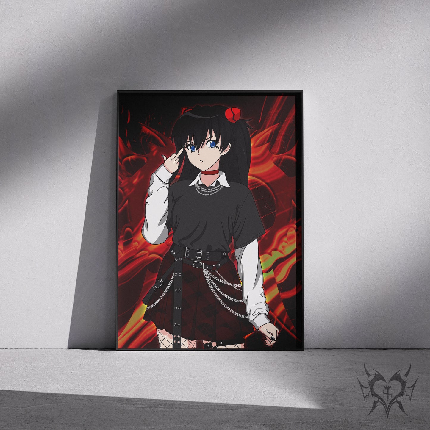 Goth Asuka Langley art print displayed in a black frame against a grey wall, digital mockup of Always Sick original Neon Genesis Evangelion artwork.
