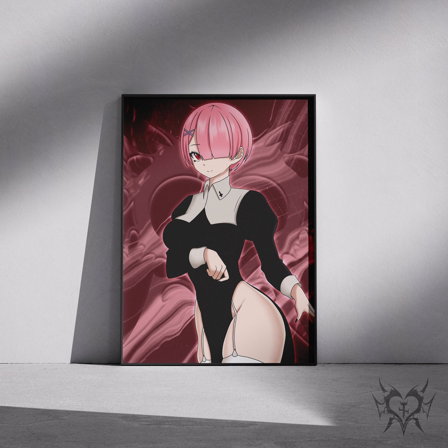 Nun Ram Re:Zero art print displayed in a black frame against a grey wall, digital mockup of Always Sick original anime artwork.