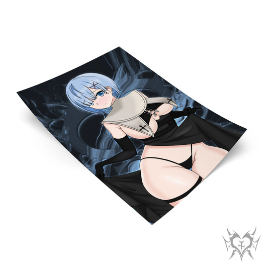 Nun Rem art print with dark navy blue smoke background, Re:Zero anime fan art featuring Rem in gothic nun cosplay, Always Sick original design.