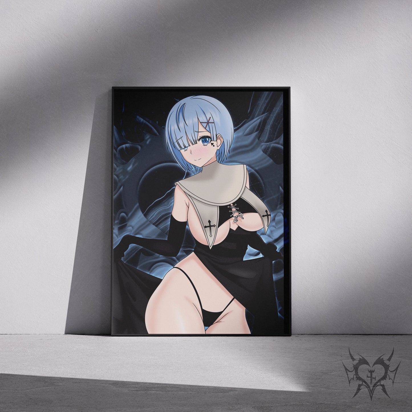 Nun Rem Re:Zero art print displayed in a black frame against a grey wall, digital mockup of Always Sick original anime artwork.