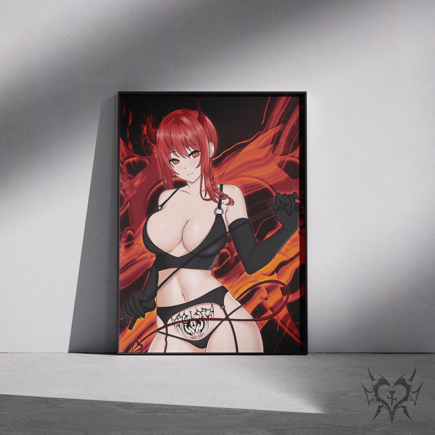 Succubus Makima Chainsaw Man art print displayed in a black frame against a grey wall, digital mockup of Always Sick original anime artwork.