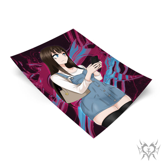 Casual Saki Yoshida art print with purple magenta and blue swirl background, denim pinafore holding a phone, Emergence anime fan art, Always Sick original design.