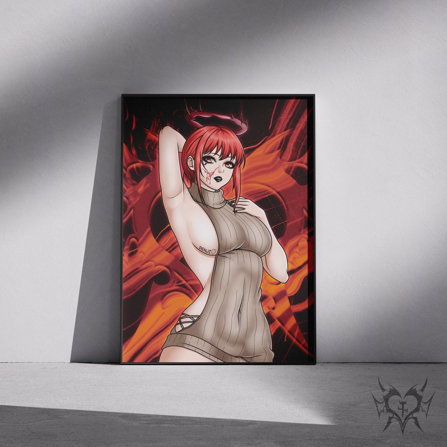 Sweater Dress Makima Chainsaw Man art print displayed in a black frame against a grey wall, digital mockup of Always Sick original anime artwork.