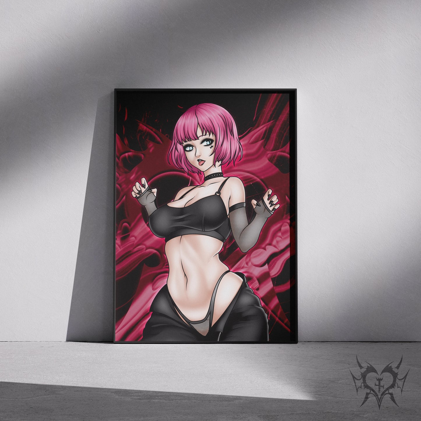 Goth Rin Qatherine Catherine: Full Body art print displayed in a black frame against a grey wall, digital mockup of Always Sick original anime artwork.