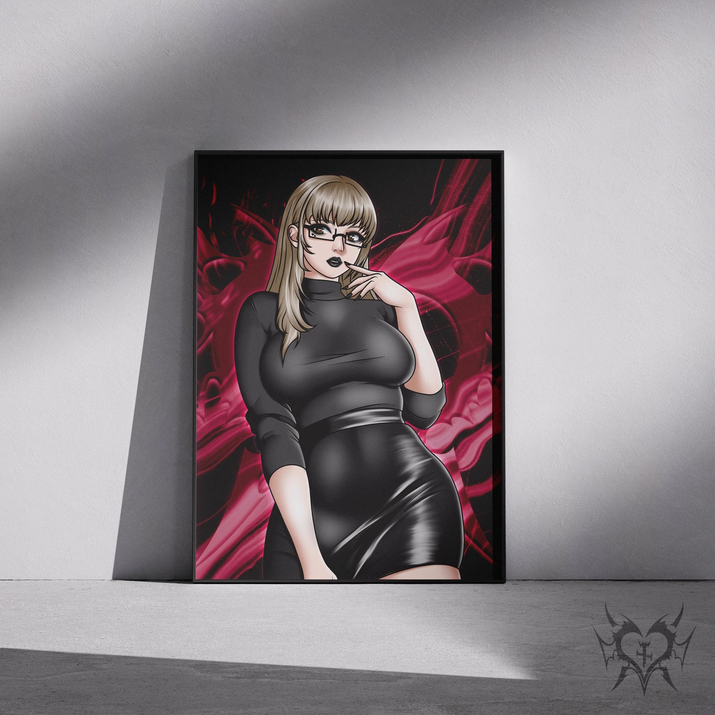 Goth Katherine McBride Catherine: Full Body art print displayed in a black frame against a grey wall, digital mockup of Always Sick original anime artwork.