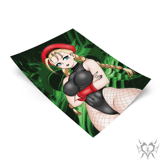 Cammy art print flat lay with deep green smoke background, Street Fighter fan art in red beret and black bodysuit with fishnet stockings, Always Sick original design.