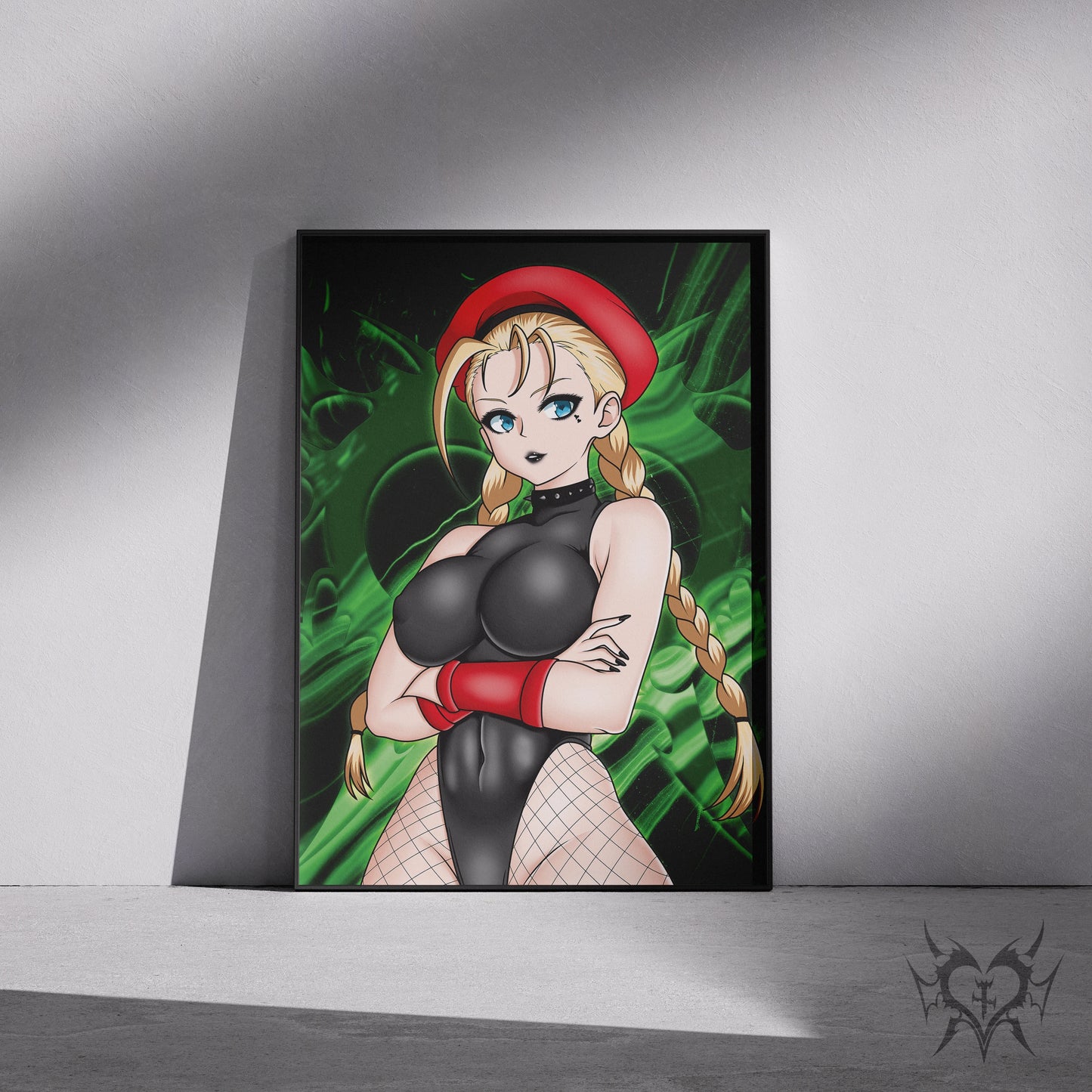 Cammy Street Fighter art print displayed in a black frame against a grey wall, digital mockup of Always Sick original anime artwork.