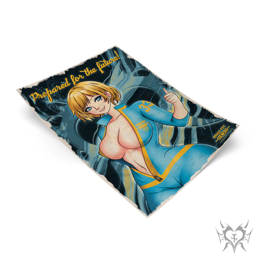 Vault Girl art print, retro Vault-Tec poster style with 'Prepared for the future!' text, Fallout fan art, Always Sick original design.