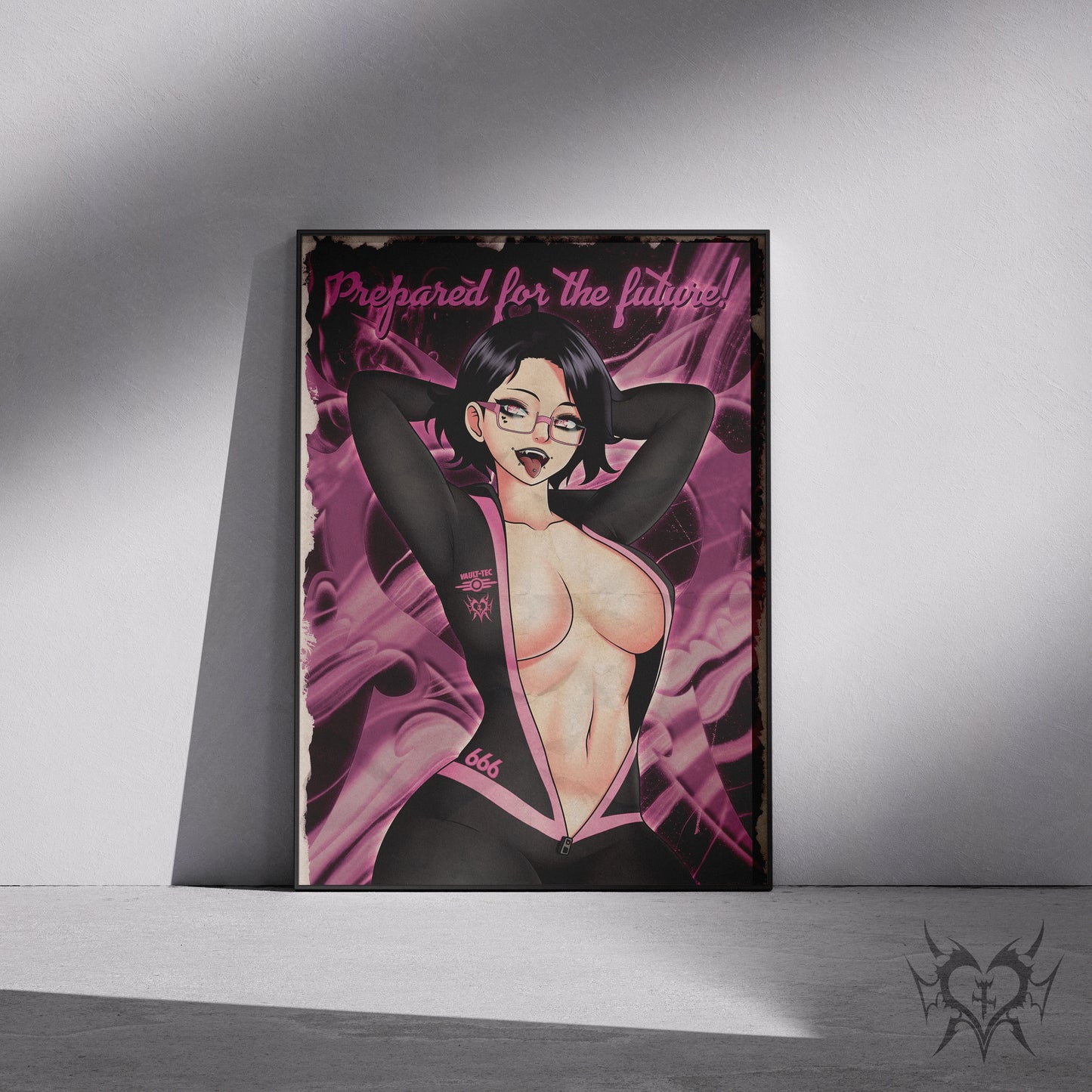 Vault Dweller Noushi art print displayed in a black frame against a grey wall, Black/Pink Suit variant, digital mockup of Always Sick original artwork.