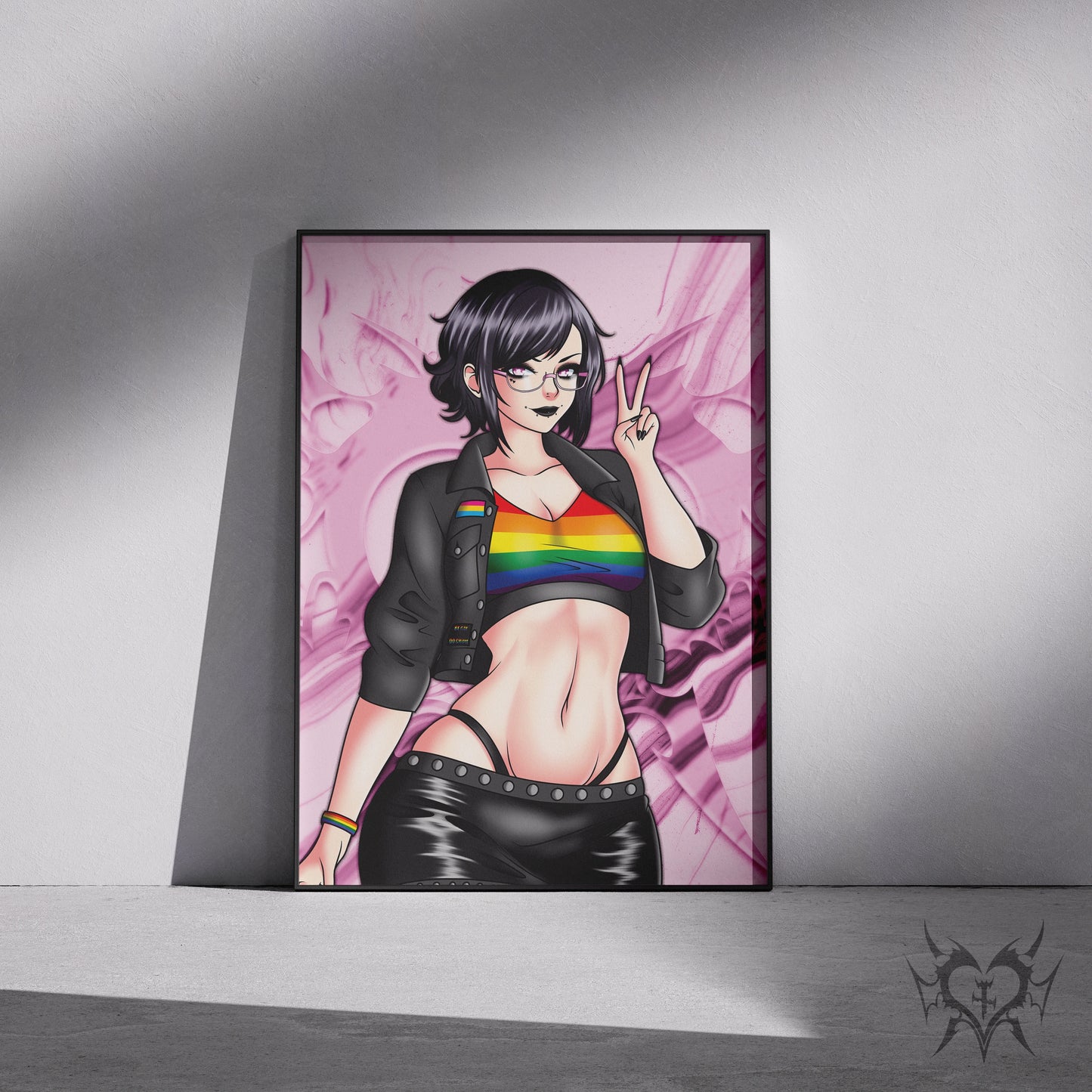 Pride Noushi art print angled on a transparent background, goth pansexual pride OC with rainbow crop top flashing a peace sign, Always Sick original character.