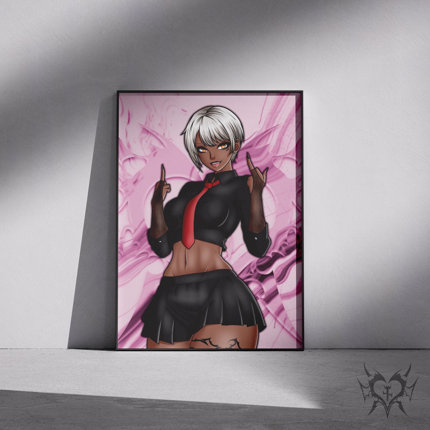 Chihime Always Sick original character art print displayed in a black frame against a grey wall, digital mockup of pink smoke background artwork.