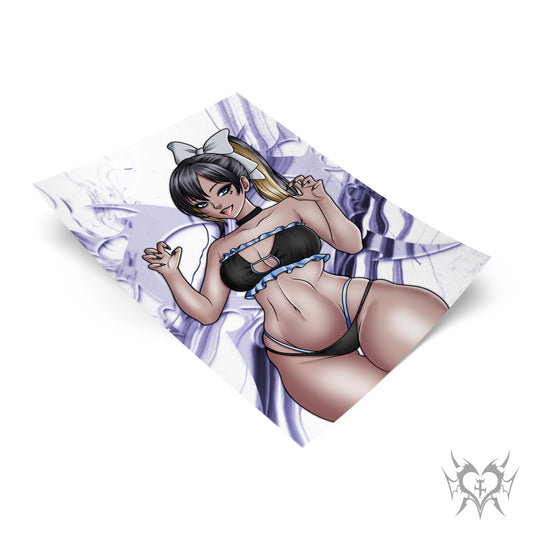 Noise art print with purple smoke background, NIKKE: Goddess of Victory fan art featuring dark ponytail with white bow and black bikini.