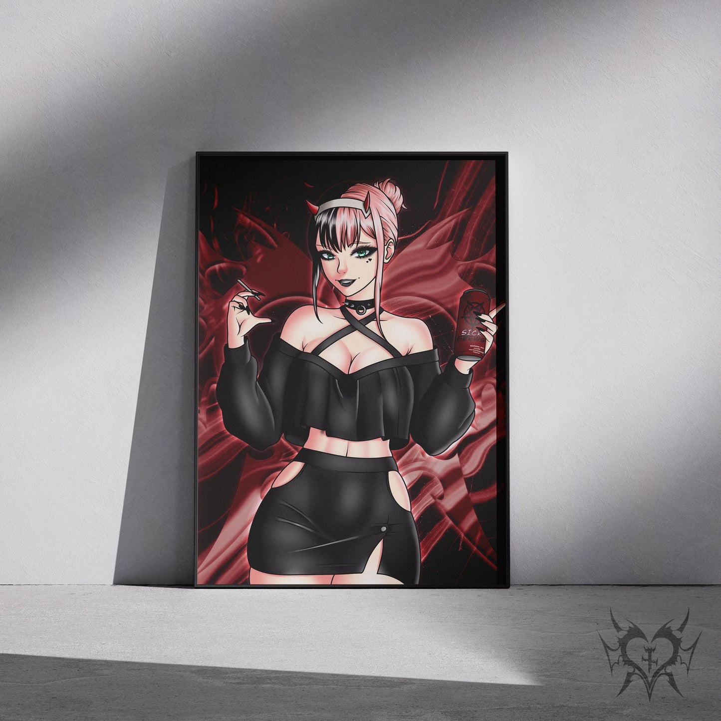 Goth Zero Two Darling in the Franxx art print displayed in a black frame against a grey wall, digital mockup of red smoke background artwork.