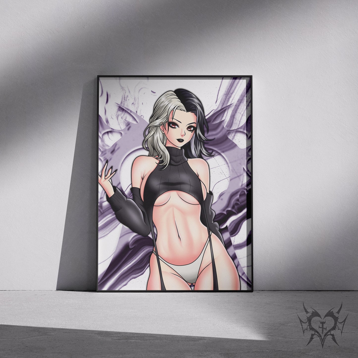 Rosanna NIKKE: Goddess of Victory art print displayed in a black frame against a grey wall, digital mockup of purple smoke background artwork.
