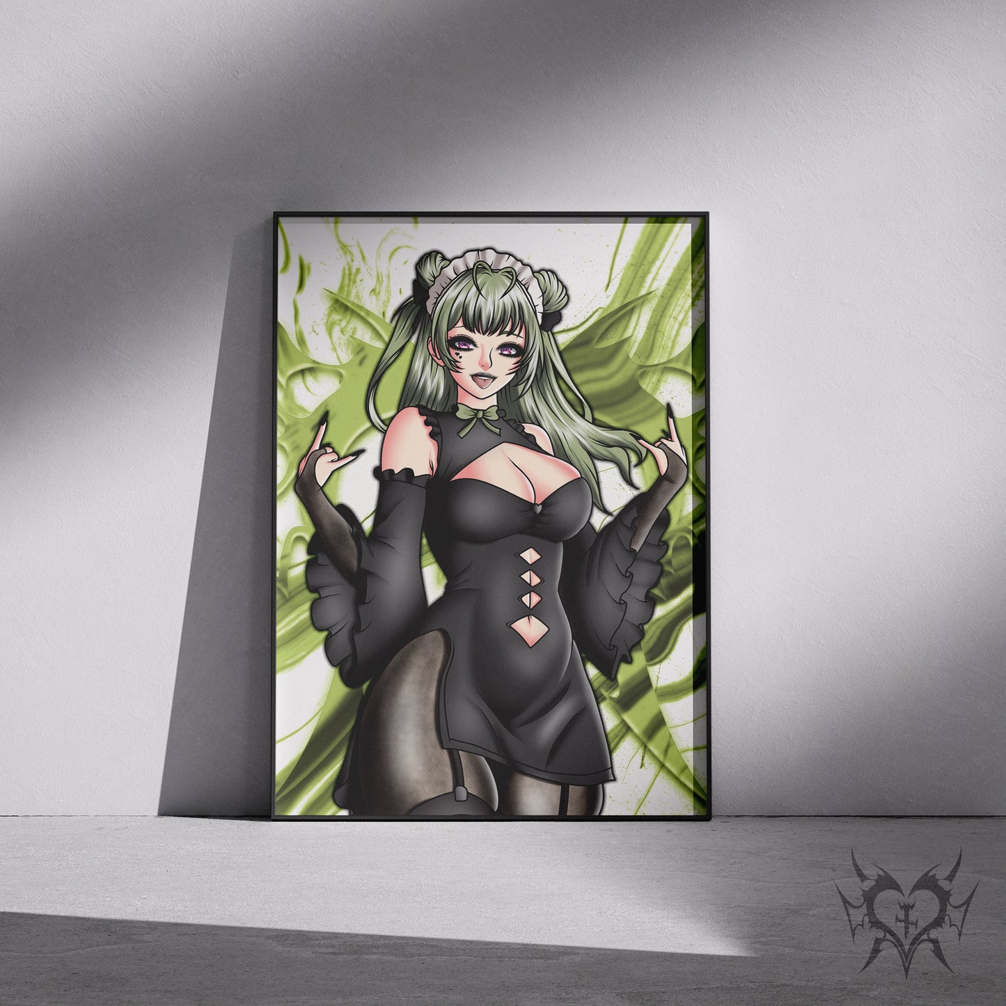 Soda NIKKE: Goddess of Victory art print displayed in a black frame against a grey wall, digital mockup of green smoke background artwork.