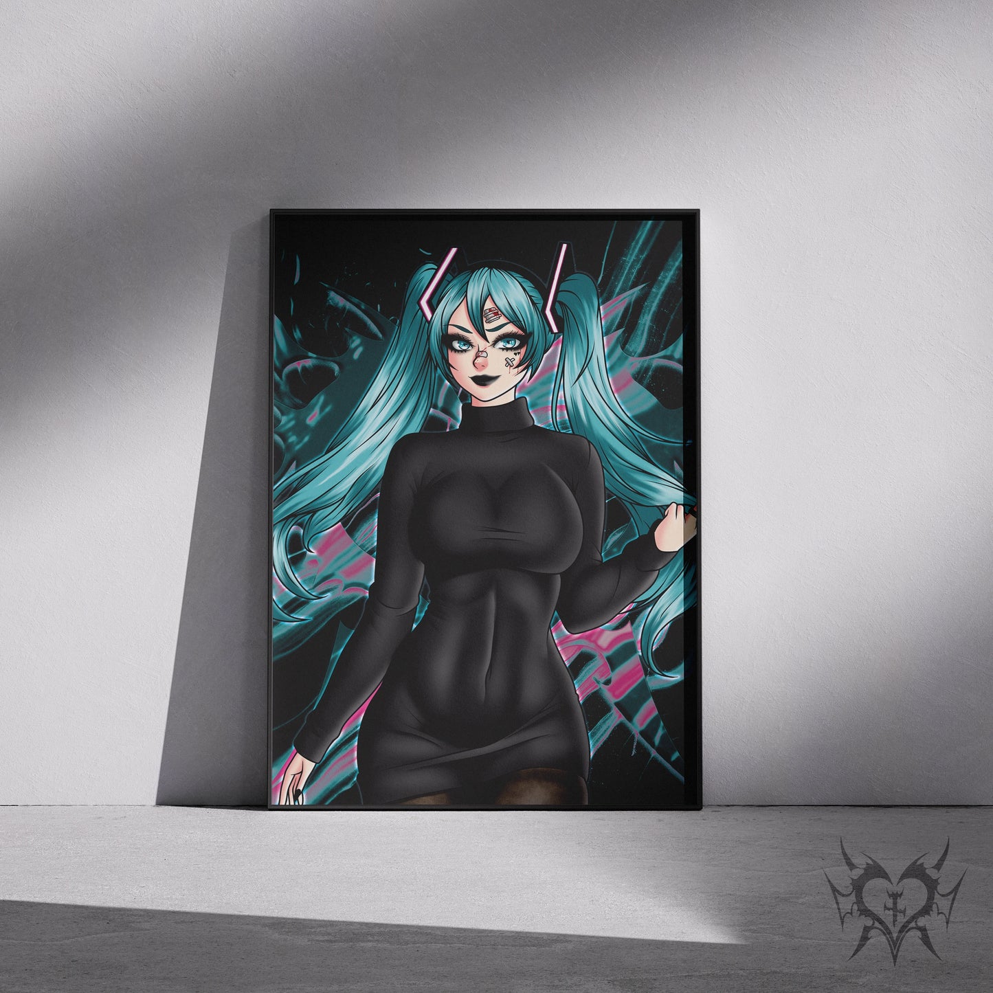 Framed Goth Hatsune Miku anime art print displayed in a black 11x17 frame leaning against a wall.