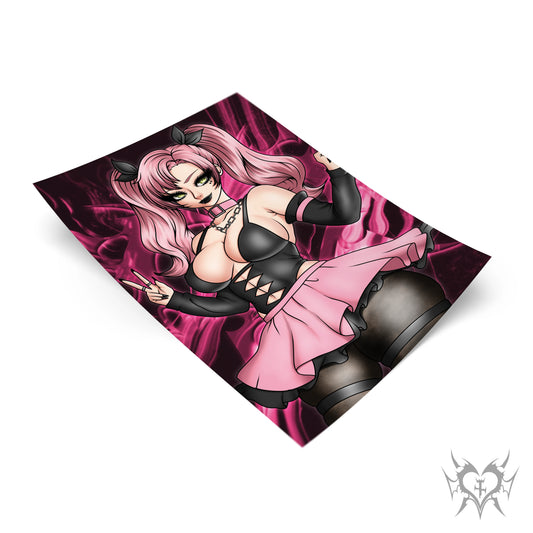 Goth Nicole Demara anime art print with a pink abstract background.